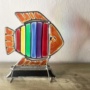 Vtg Stained Painted Glass Rainbow Fish Standing Light Diffuser Tropical Colors
